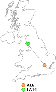 map showing distance between AL6 and LA14