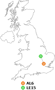 map showing distance between AL6 and LE15