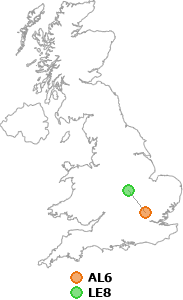 map showing distance between AL6 and LE8