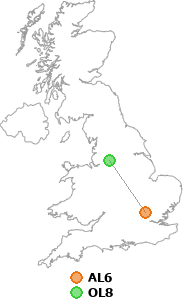 map showing distance between AL6 and OL8