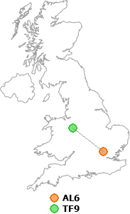 map showing distance between AL6 and TF9