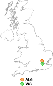 map showing distance between AL6 and W8