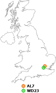 map showing distance between AL7 and WD23