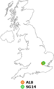 map showing distance between AL8 and SG14