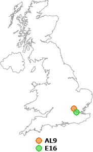 map showing distance between AL9 and E16