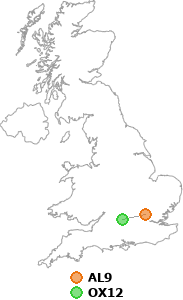 map showing distance between AL9 and OX12