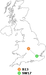map showing distance between B13 and SW17