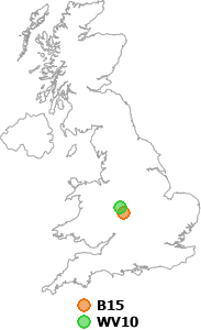map showing distance between B15 and WV10