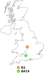 map showing distance between B2 and BA14