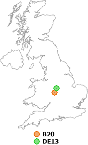 map showing distance between B20 and DE13