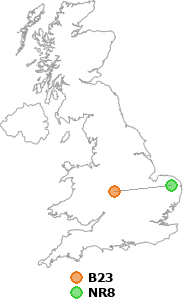 map showing distance between B23 and NR8