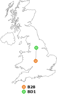 map showing distance between B28 and BD1