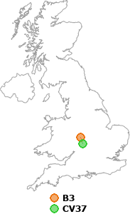 map showing distance between B3 and CV37