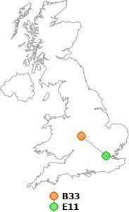 map showing distance between B33 and E11