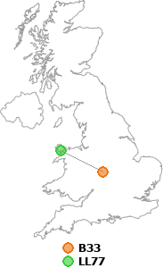 map showing distance between B33 and LL77
