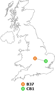 map showing distance between B37 and CB1