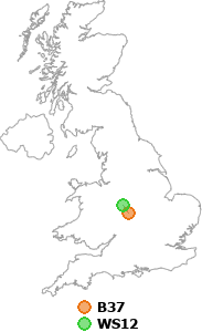map showing distance between B37 and WS12