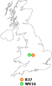 map showing distance between B37 and WV16