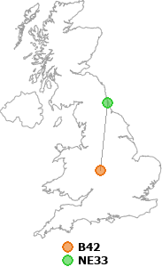 map showing distance between B42 and NE33