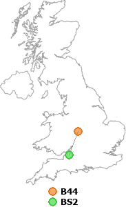map showing distance between B44 and BS2