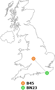 map showing distance between B45 and BN23