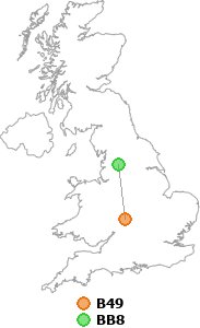 map showing distance between B49 and BB8