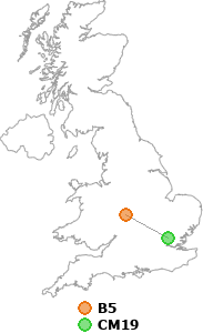 map showing distance between B5 and CM19