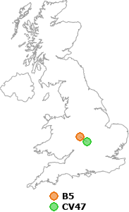 map showing distance between B5 and CV47
