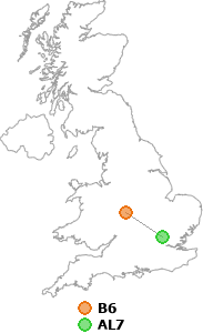 map showing distance between B6 and AL7