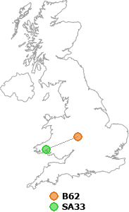 map showing distance between B62 and SA33