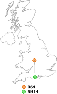 map showing distance between B64 and BH14