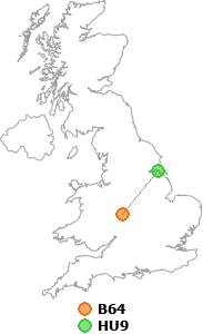 map showing distance between B64 and HU9