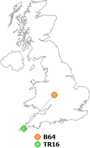 map showing distance between B64 and TR16