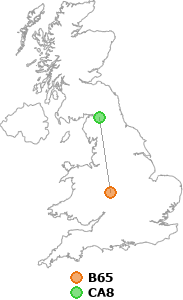 map showing distance between B65 and CA8