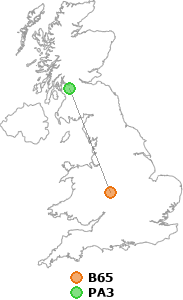 map showing distance between B65 and PA3