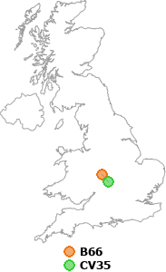 map showing distance between B66 and CV35