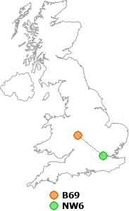 map showing distance between B69 and NW6