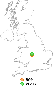 map showing distance between B69 and WV12