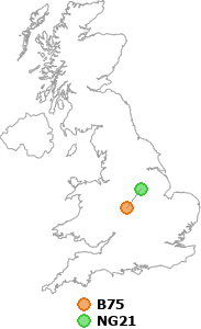map showing distance between B75 and NG21