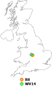 map showing distance between B8 and WV14