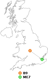 map showing distance between B9 and ME7
