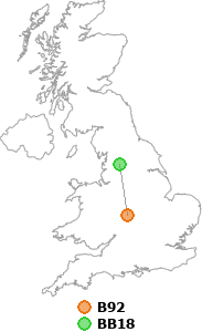 map showing distance between B92 and BB18