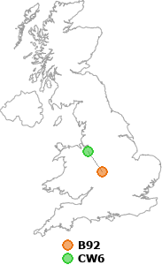 map showing distance between B92 and CW6