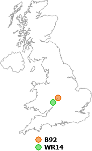 map showing distance between B92 and WR14