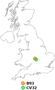 map showing distance between B93 and CV32