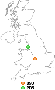 map showing distance between B93 and PR9