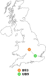map showing distance between B93 and UB9