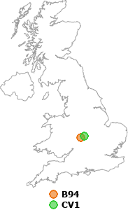 map showing distance between B94 and CV1