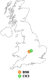 map showing distance between B98 and CV3