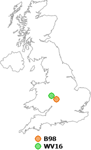 map showing distance between B98 and WV16
